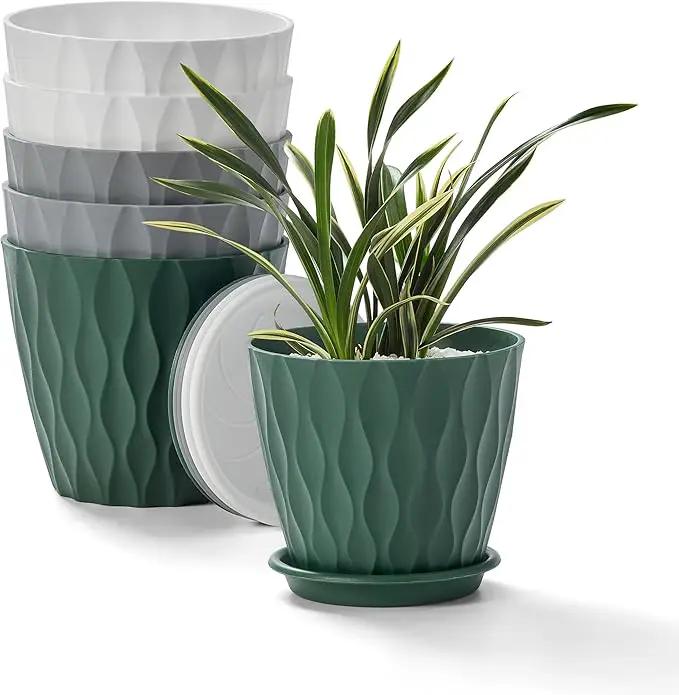 FaithLand 6-Pack 6-Inch Plastic Plant Pots with Saucers | Thickened PP Material, Modern Wave Texture, Enhanced Drainage for Indoor/Outdoor Garden Plants | Tricolor Value Set by GreenHaven Gardens