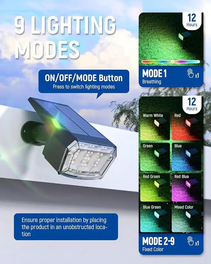 Solar Spot Lights Outdoor, 9 Lighting Modes RGB, Solar Lights Outdoor Waterproof IP65, 63 LED Landscape Spotlights for Holiday Decorations by GreenHaven Gardens