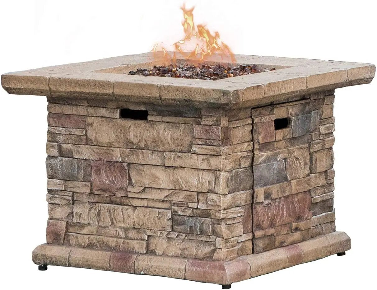 COSIEST Outdoor Propane Fire Pit Table w Faux Brown Ledgestone 32-inch Square Fire Table, CSA Certified, 50,000 BTU Stainless Steel Burner, Free Lava Rocks, Fits 20lb Tank Inside by GreenHaven Gardens