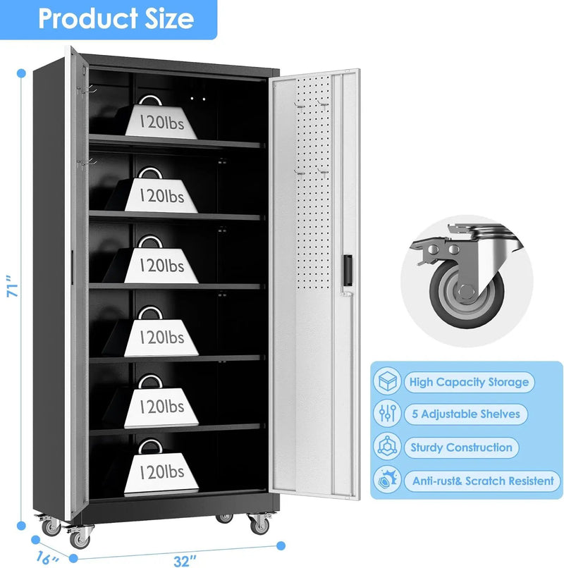 71"H×32"W×16"D Garage Storage Cabinet with Wheels & Pegboard, Locking Metal Storage Cabinet with Doors and 5 Adjustable Shelves & & 4 Hooks for Garage Warehouse Home Office, Black and Silvery by GreenHaven Gardens