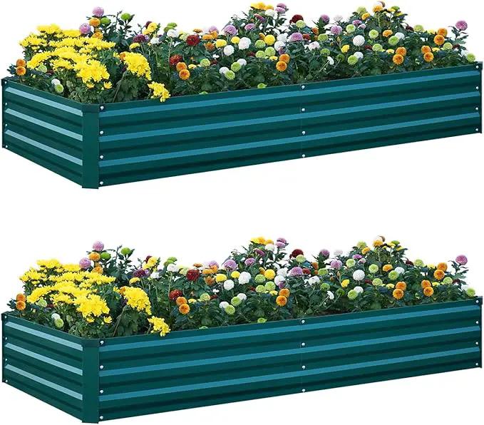 2Pcs Raised Garden Bed - 2 Pack Large Metal Planter Boxes for Vegetables, Flowers, and Herbs - Includes 2 3ft x 30ft Weed Barrier Fabric and 1 Pair of Gloves - Green (8x4x1ft, 2pcs) by GreenHaven Gardens