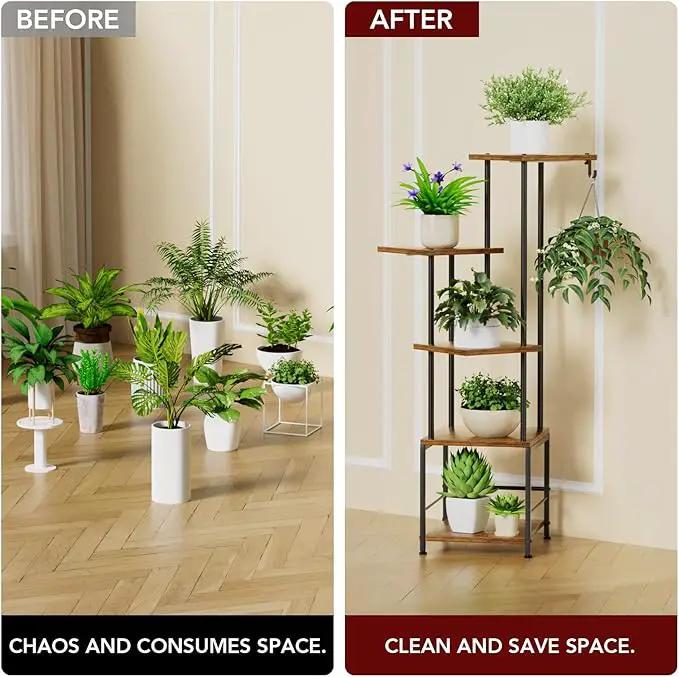 Plant Stand Indoor with Grow Light, 5-Tiered Tall Plant Stand Indoor, Metal Plant Shelf with Hanging Basket Hook and Adjustable Light, Ideal for Living Room, Garden, Patio (Black Brown) by GreenHaven Gardens