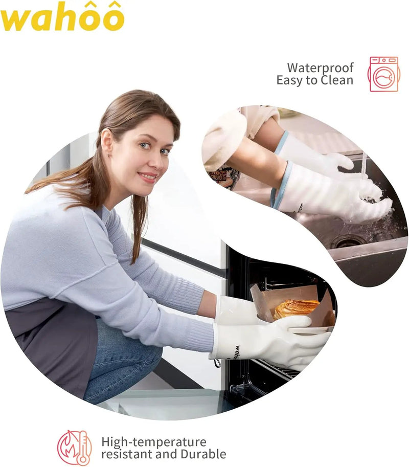 wahoo Professional Liquid Silicone Oven Mitts Gloves, Heat Resistant Gloves for Cooking, Baking, CoralAir Liner, 12 Inch, White, Large by GreenHaven Gardens