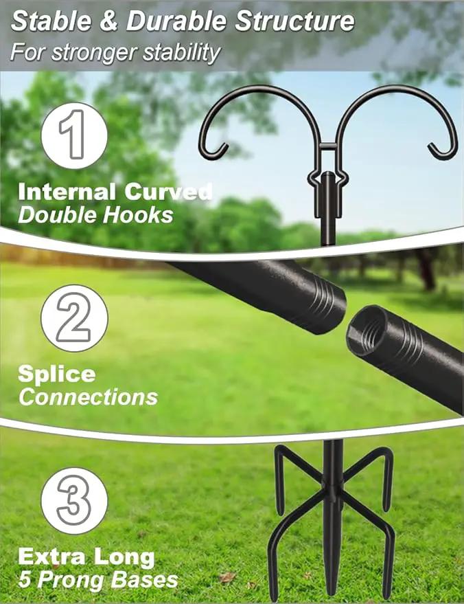 Outdoor Double Shepherds Hook with 5 Prong Base, 92 Inch Adjustable Heavy Duty Two Sided Bird Feeder Pole Stand for Hanging Plant Baskets, Solar Light Lanterns, Hummingbird Feeder, 1 Pack by GreenHaven Gardens
