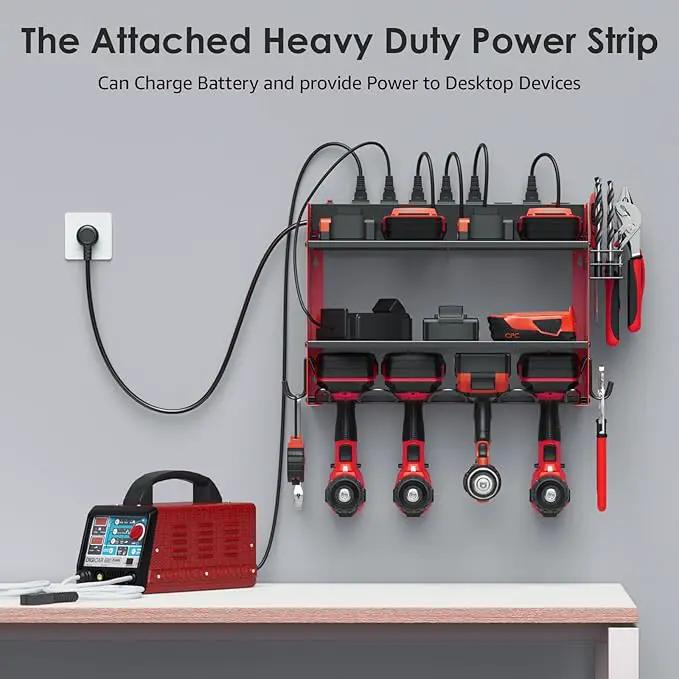 CCCEI Set Power Tool Organizer Wall Mount with Charging Station. Garage 8 Drills Storage Shelf with Hooks, Screwdriver, Drill Bit Heavy Duty Rack, Tool Battery Holder Built in 8 Outlet Power Strip. by GreenHaven Gardens