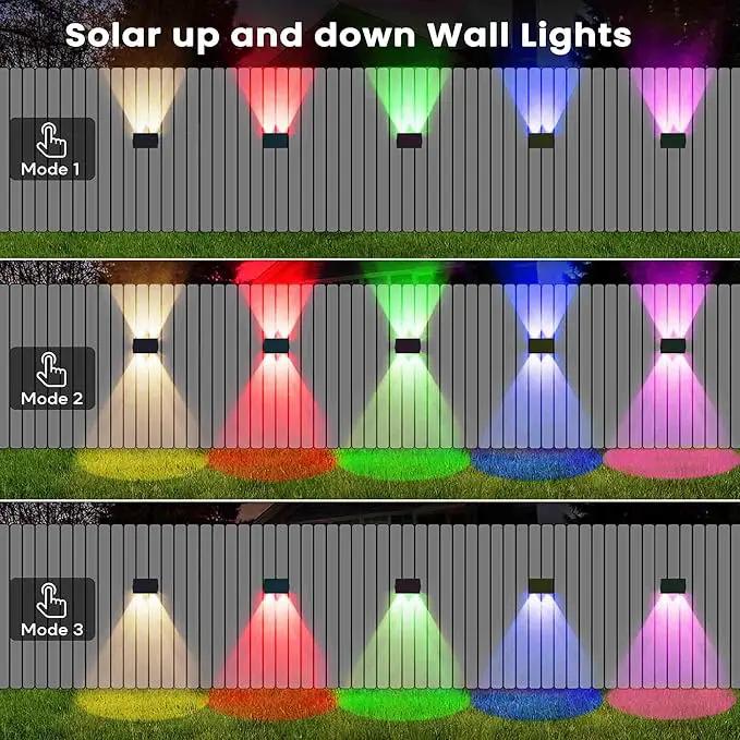 Fence Lights Solar Powered, 4-Pack Solar Fence Lights Up/Down Flexible Buttons, IP67 Waterproof for Outdoor, 120LM Bright, Auto Dusk to Dawn for Wall/Stairs/Yard/Railing/Deck/Pathway (White & RGB) by GreenHaven Gardens