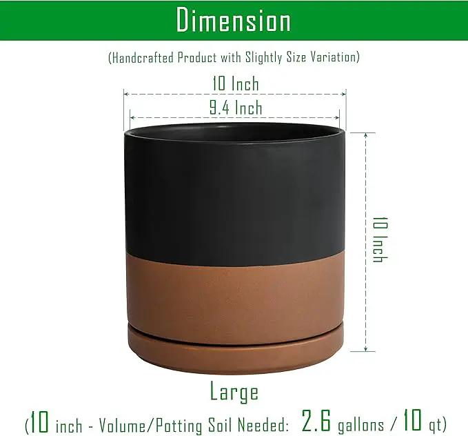 D'vine Dev 10 Inch, Ceramic Planter Pot with Drainage Hole and Saucer, Indoor Cylinder Round Planter Pot, Black/Speckled Tan, 94-O-E-7 by GreenHaven Gardens