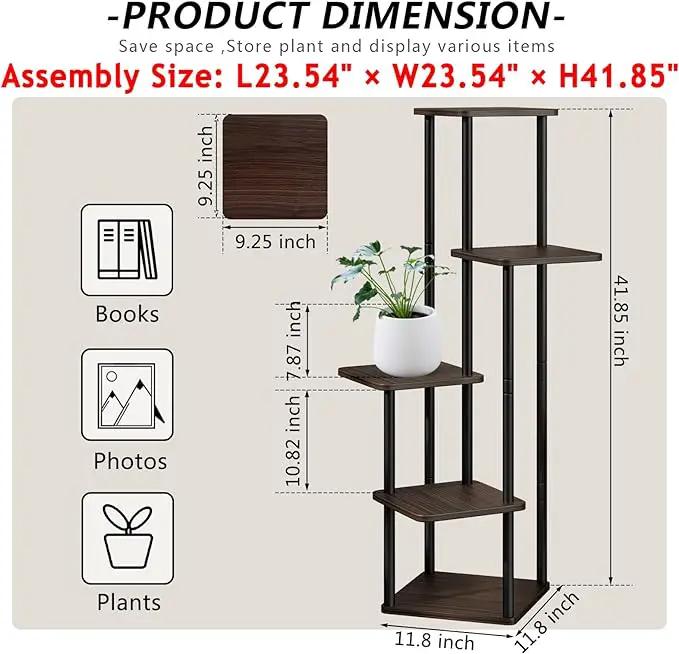 AZERPIAN Plant Stand 5 Tier Indoor Metal Flower Shelf for Multiple Plants Corner Tall Flower Holders for Patio Garden Living Room Balcony Bedroom, Black Oak (5 Tier-Black Oak) by GreenHaven Gardens