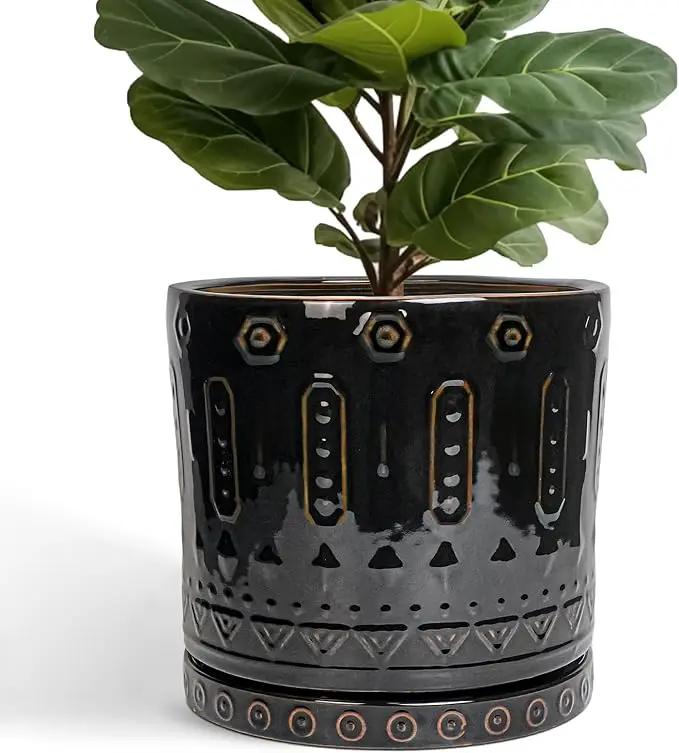 Ceramic Pots for Plants - 12 Inch Large Planter with Drainage Hole and Saucer, Ceramic Flower Pots for Indoor Outdoor, Boho Round Planter, Patio Decor, Gifts for Plant Lover, Black by GreenHaven Gardens