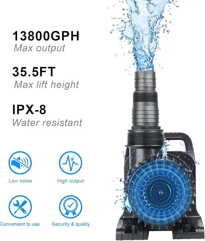 Outdoor Extra Large 13800gph-1100W 32.8FT Pond Water-fall & Kio Fish Fountain-s& Garden Pump Submersible IPX8:Long 32.8FT Cord Smart-er&Quieter Duck&Yard&Patio Ponds Pumps,1 Barrier Pump Bag by GreenHaven Gardens