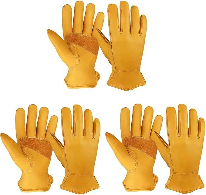 OZERO Leather Work Gloves for Men: 3 Pairs Driver Gloves Abrasion Resistant Cowhide with Reinforced Palm for Heavy Duty Gardening Yard Work DIY Gold X-Large by GreenHaven Gardens