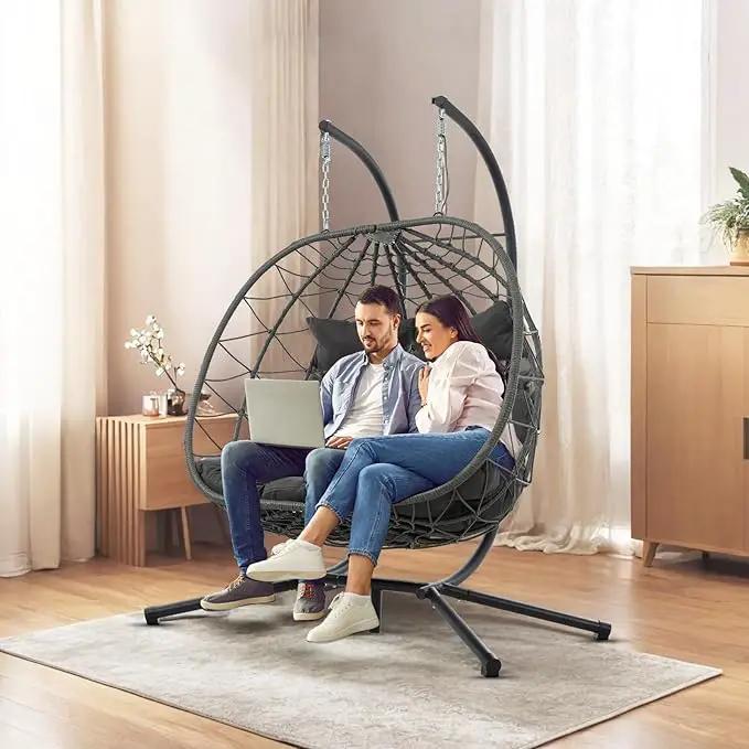2 Person Double Egg Swing Chair with Stand Indoor Outdoor, Hammock Egg Chair Outdoor, Patio Wicker Hanging Egg Chair w/Cushion 700LBS Capacity for Bedroom, Balcony, Garden, Dark Grey by GreenHaven Gardens