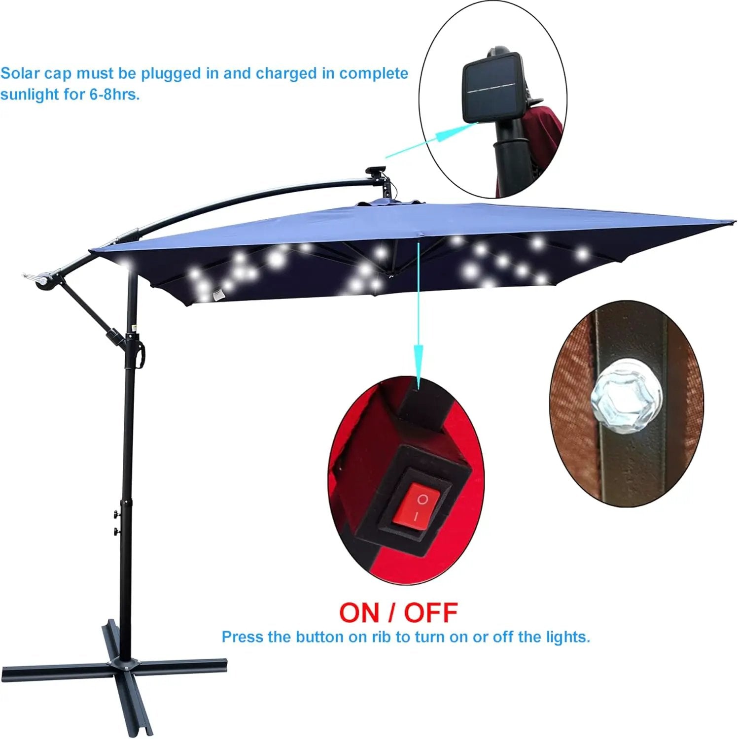 8x8FT Patio Umbrella, Outdoor Offset Umbrella with Cross Base and Crank, Square Cantilever Umbrella with Solar Lights, Hanging Market Umbrella with 8 Rids for Pool, Deck, Backyard (Navy Blue) by GreenHaven Gardens