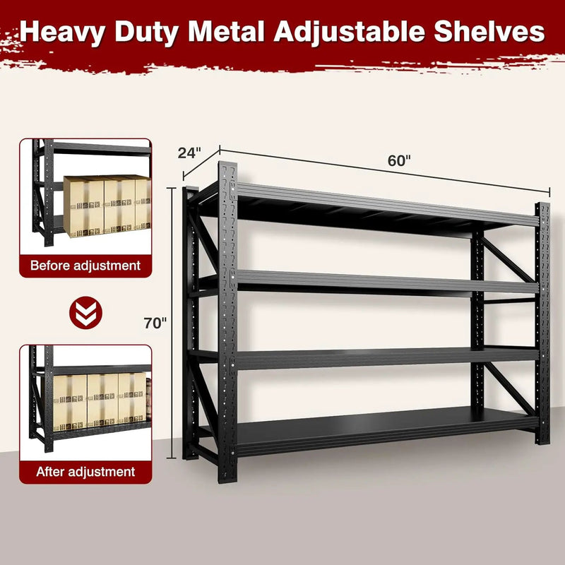 5000LBS Metal Steel Storage Shelves - 60" W Black 4 Tier Heavy Duty Rack Commercial Industrial Shelving with Adjustable Shelf for Basement Garage Warehouse - 60" W x 24" D x 70" H by GreenHaven Gardens