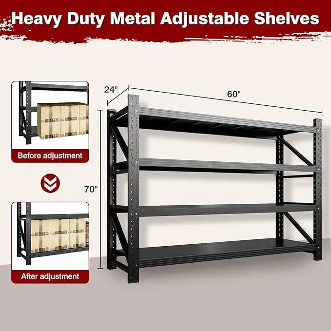 7000LBS Metal Steel Storage Shelves - 78.7" W Black 4 Tier Heavy Duty Rack Commercial Industrial Shelving with Adjustable Shelf for Basement Garage Warehouse - 78.7" W x 24" D x 78.7" H by GreenHaven Gardens