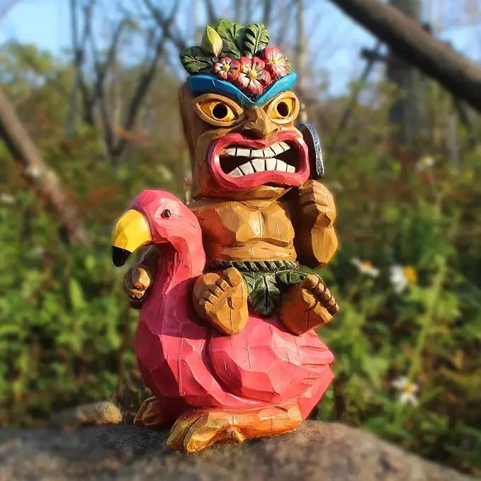Solar Tiki Statue Flamingos Decor - Tiki Decorations Outdoor for Bar, Patio, Balcony, Yard,Lawn Ornament by GreenHaven Gardens