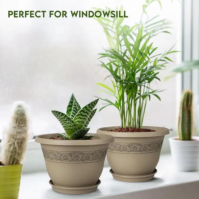 8 Inch Plant Pots with Drainage Hole - Lightweight Flower Pots for Herbs and Flowers - Home Decor Plastic Planters for Indoor Outdoor Plants- Pack of 6 (Brown, 8 inch) by GreenHaven Gardens
