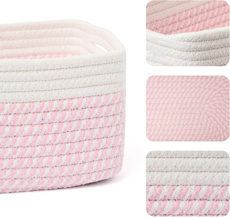 Small Storage Baskets for Organizing | Closet Organizer Bins | Shelf Toy Basket | Woven Rope Baskets | Cube Decorative Box | Shallow Basket | 13x8.5x5.1” | 4 Packs White Pink by GreenHaven Gardens