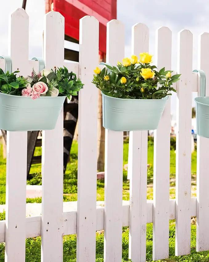 vensovo Metal Railing Planter for Outdoor Plants - 3 Pack Balcony Hanging Flower Pots with Detachable Hooks and Drain Holes Oval Bucket Rail Box Fence Planters for Home Garden Decor, Light Green by GreenHaven Gardens