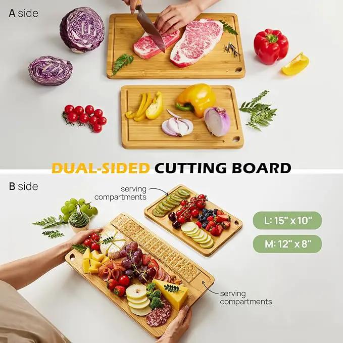 Chopping Board Duo 2-Pcs Natural Bamboo With Juice Channels & Knife-Friendly Finish For Versatile Kitchen Use, Ideal Charcuterie & Chopping Multi-Use by GreenHaven Gardens