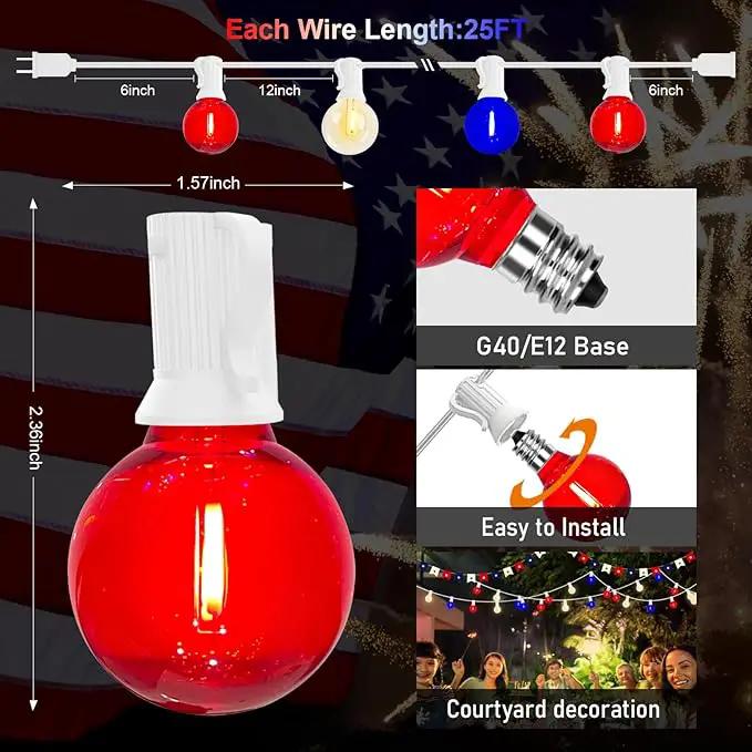 25Ft Independence Day LED String Lights, Waterproof Patio Light with 25 G40 LED Clear/Red/Blue Bulbs, Connectable Hanging Independence Day String Lights for Indoor Outdoor Garden Backyard Porch by GreenHaven Gardens