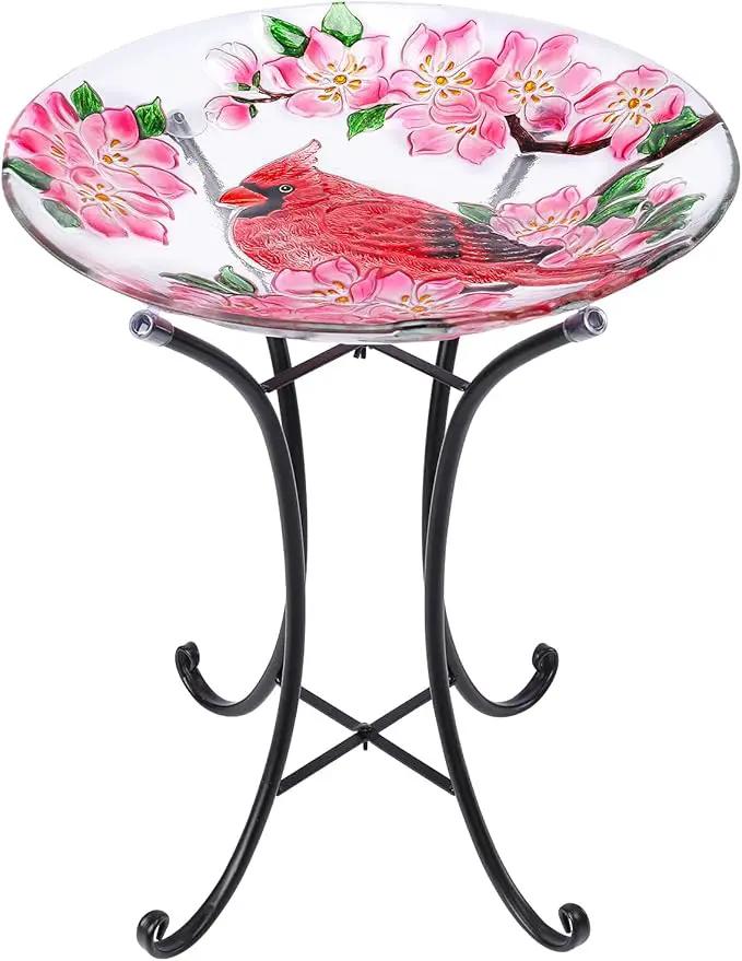 VCUTEKA Bird Baths for Outdoors, Glass Bird Bath with Metal Standing for Garden, Yards Patio Décor, Bird Lovers Gift, Cardinal Glass Birdbath Detachable (22" H * 18" W) by GreenHaven Gardens