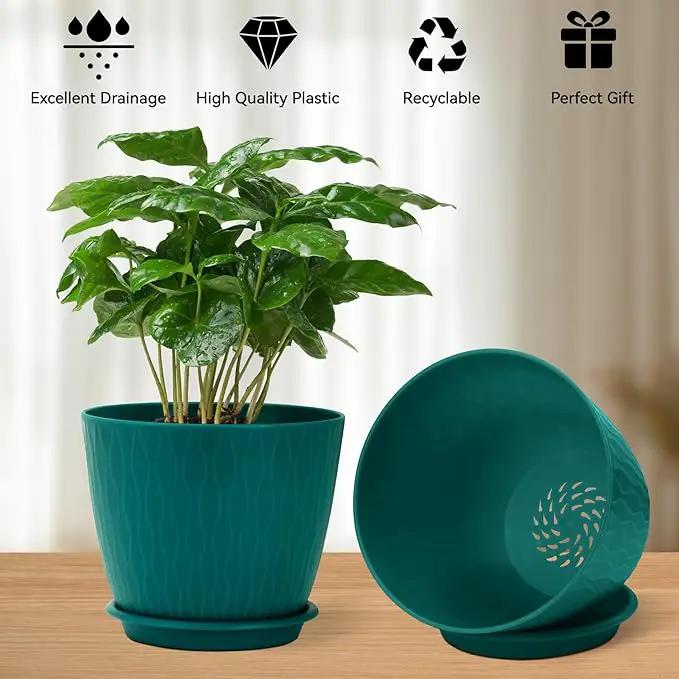 Plant Pots – 6 Inch Planters with Drainage Holes and Saucers, Flower Pots for Indoor and Outdoor Plants, Nursery Planting Pots (Pack of 5, Teal) by GreenHaven Gardens