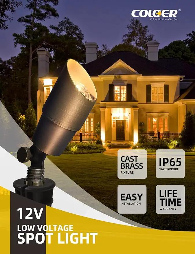 COLOER Die-cast Brass Low Voltage Spotlight 1-Pack with 5W Aluminum Housing MR16 LED Bulb 2700K 450LM CRI85+,12V AC/DC Outdoor Landscape Lighting, Directional Garden Patio Spot Up Light(101B) by GreenHaven Gardens