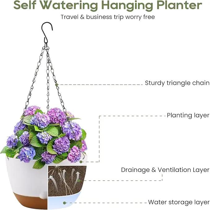 10 Inch Hanging Planter, 2 Pack Hanging Plant Self Watering Pot with Drainage Holes & Saucers, Hanging Baskets Flower Pots with Black Macrame Rope Hangers for Garden Home -White by GreenHaven Gardens