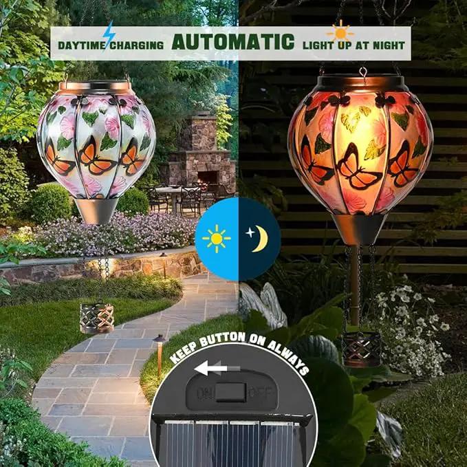 Hot Air Balloon Solar Lantern - Butterfly Stained Glass Lantern with Simulated Flickering Flame, Outdoor Hanging Yard Light Waterproof IP65 & Weather Resistant for Garden Patio Lawn Porch Decor Gfit by GreenHaven Gardens
