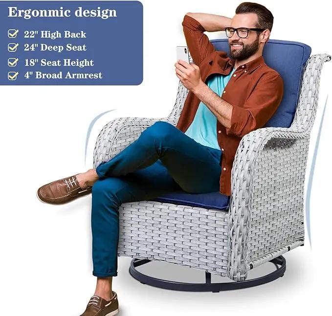 Outdoor Swivel Rocker Patio Chairs Set of 3,High Back Swivel Patio Chairs Wicker Furniture Set,2 PCS Rattan Swivel Rocking Chair with Side Table,Light Grey Wicker (A089-2) by GreenHaven Gardens