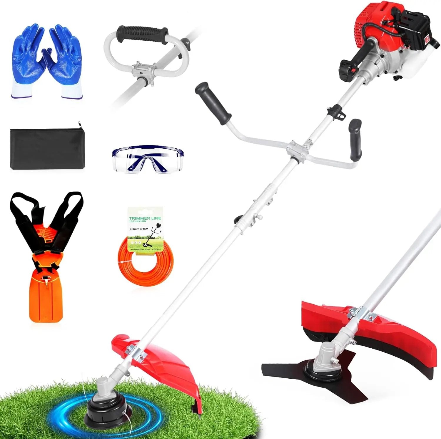 52cc Gas Powered Weed Eater and Brush Cutter 3-in-1, Heavy Duty Straight Shaft String Trimmer with Harness and 2 Heads for Tough Weeds, Grass, and Land Clearing (PT6082) by GreenHaven Gardens