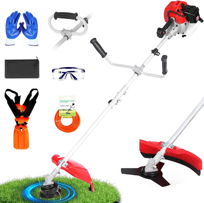 52cc Gas Powered Weed Eater and Brush Cutter 3-in-1, Heavy Duty Straight Shaft String Trimmer with Harness and 2 Heads for Tough Weeds, Grass, and Land Clearing (PT6080) by GreenHaven Gardens