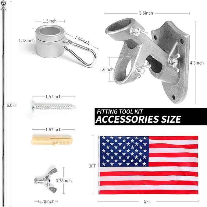 Quarut House Flag Pole Kit,Including 6Ft Stainless Steel Flag Pole,Heavy Duty Nylon 3x5 Ft American Flag,Aluminum Alloy Rings and Bracket.Wall Mounted Flagpole Set for Residential Commercial（Silvery） by GreenHaven Gardens