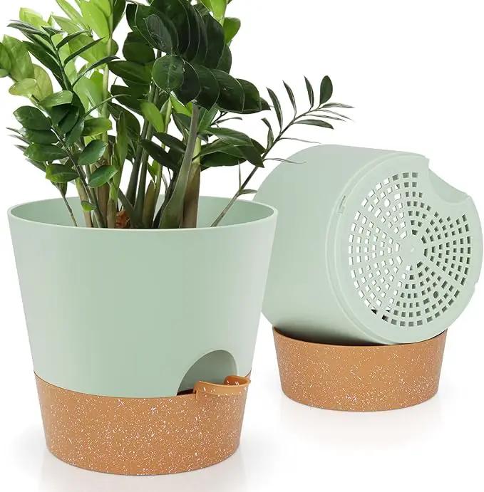 10-Inch Plant Pots, Self-Watering Planters with Drainage Holes & Saucers for Indoor and Outdoor Plants (2-Pack, Green) by GreenHaven Gardens