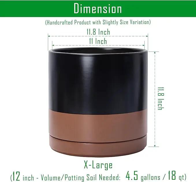 D'vine Dev 12 Inch Ceramic Planter Pot with Drainage Hole and Saucer, Indoor Cylinder Round Planter Pot, Black/Speckled Tan, 94-O-F-7 by GreenHaven Gardens