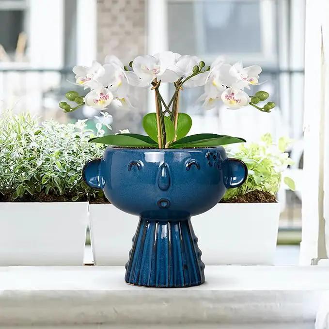 Head Planter Pot - 7 Inch Cute Face Planter for Indoor Outdoor Plants Ceramic Succulent Pot Round Flower Pot Present for Mother Christmas with Drainage Hole Blue by GreenHaven Gardens