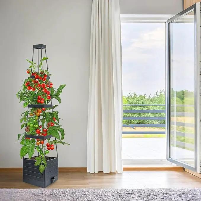 Raised Garden Bed Planter Box with Trellis, 58” Tomato Cage Planter Raised Garden Bed with Trellis for Climbing Vegetables Plants Tomato Cage w/Self-Watering, Indoor Outdoor Use (4) by GreenHaven Gardens