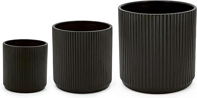 Amazon Basics Assorted Sizes Fluted Ceramic Round Planters, Set of 3, Black, 6-Inch, 8-Inch, 10-Inch by GreenHaven Gardens