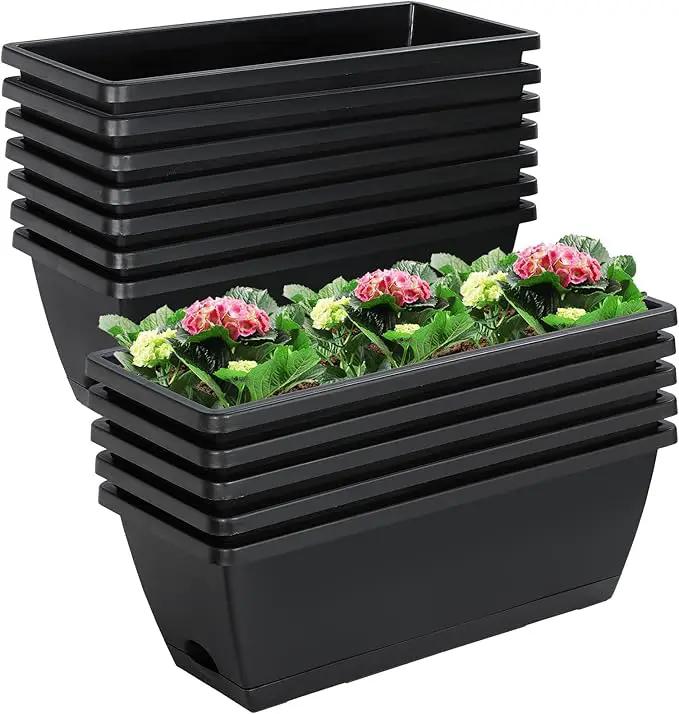 12Pcs 17Inches Rectangle Planter Box with Drainage Holes and Trays Plastic Planters Flower Boxes Pots for Indoor Outdoor Plants Patio Garden Home Decor Porch Yard (Black) by GreenHaven Gardens