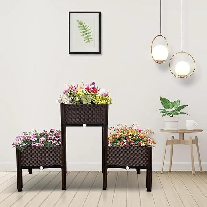 MAYOLIAH Raised Garden Bed with Drainage Elevated Planter Box Plastic Raised Beds for Gardening Vegetables Herb Flowers, Perfect for Indoor Outdoor Planting, 3 Boxes Brown by GreenHaven Gardens