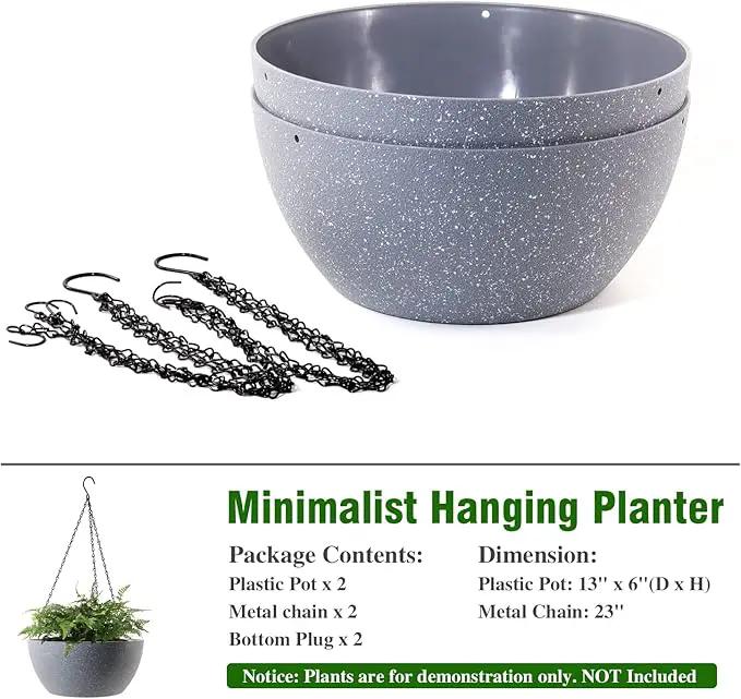WOUSIWER 13 inch 2 Pack Large Hanging Planters for Indoor Outdoor Plants with Drainage Holes and Chain, Round Hanging Flower Pots for Garden Home Porch Decor, Grey Speckles by GreenHaven Gardens