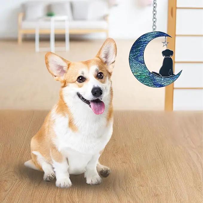 Dog Decor Stained Glass Moon Suncatchers Window Hanging, Wall Art Element Earth Tones Modern Design Home Garden Suncatcher, Dog Lovers for Halloween Decor (Moon Dog) by GreenHaven Gardens