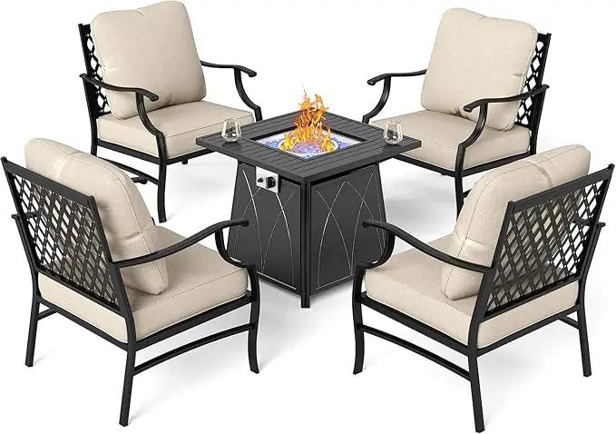 Patio Furniture Set with Fire Pit Table, 5 Pcs Metal Outdoor Conversation Set, 4 Single Chairs with 5.75" Extra Thick Cushion and 28" Fire Pit Table for Backyard Deck, Beige by GreenHaven Gardens