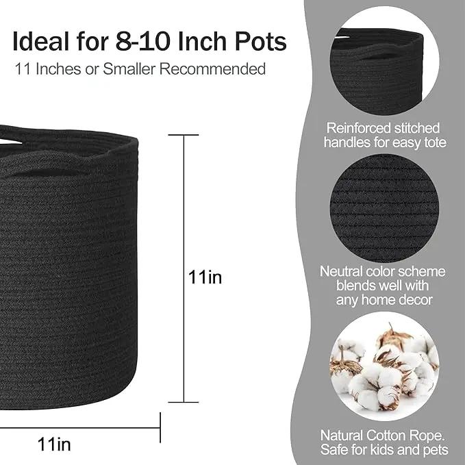 Cotton Rope Plant Basket, Woven Basket Planter for 10 inch Pot, Round Indoor Tree Pot Cover, Small Storage Bin Organizer, Modern Basket for Plants and Home Decor, 11”X11”, Black by GreenHaven Gardens