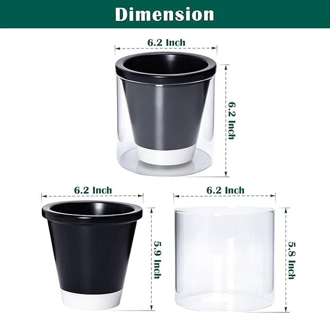 D'vine Dev 6 Inch Design Self Watering Planter for Indoor Plants, Black Terracotta Pot with Cylinder Glass Cup, 37-X-B-3 by GreenHaven Gardens
