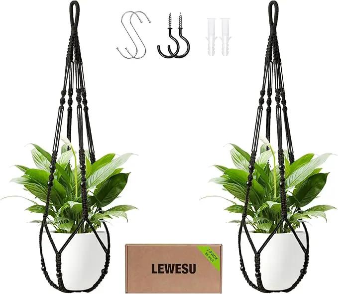 Macrame Plant Hanger Indoor Set of 2 with 4 Hooks, Indoor Outdoor Hanging Planter for Plants Holder with Decorative Wood Beads & No Tassels, Boho Home Decor, 35 Inch Black (Pots Not Included) by GreenHaven Gardens