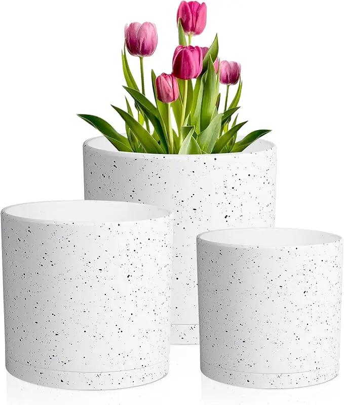 10/8/6 inch Deep Flower Pots, Cylinder Large Plant Pots for Outdoor Indoor Plants, 3 Pack Tall Plastic Planters with Drainage Holes and Saucers for Garden House Plants, Speckled White by GreenHaven Gardens