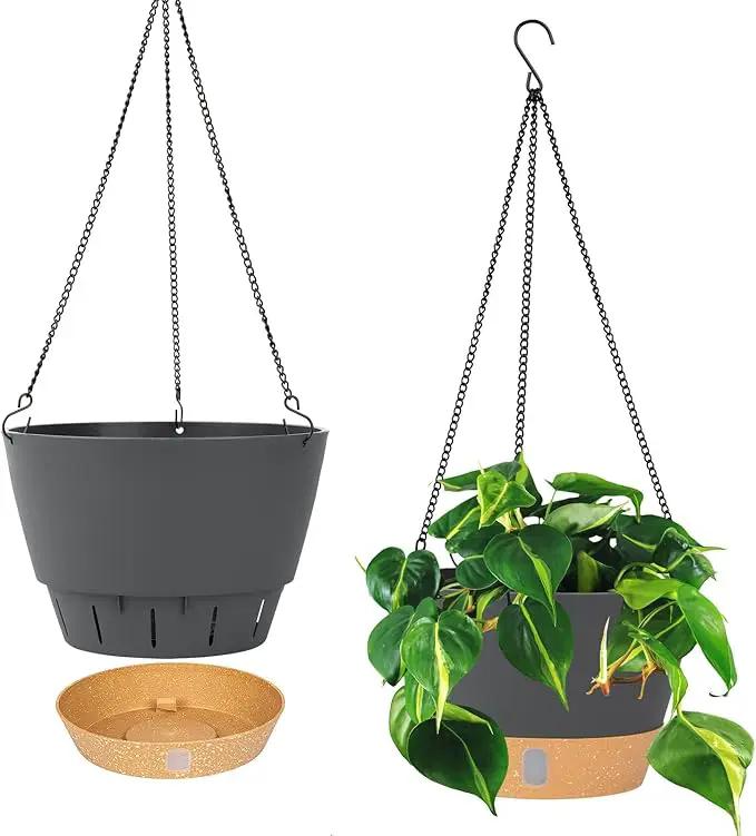 QCQHDU 2 Pack Hanging Planters for Indoor Outdoor Plants, 10 Inch Hanging Baskets Flower Pots with Reservoir Tray & Visible Water-Level by GreenHaven Gardens