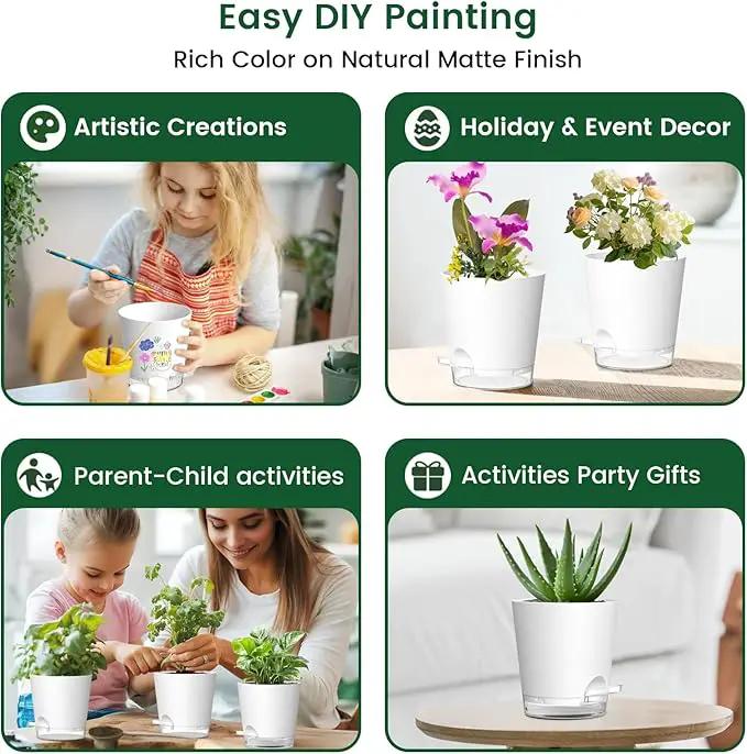 4 inch Self Watering Pots for Indoor Plants, 5 Pack Small Flower Plant Pots with Drainage Holes and Clear Reservoirs, Visible Water Level, Plastic Planters with Wicking Rope, White by GreenHaven Gardens